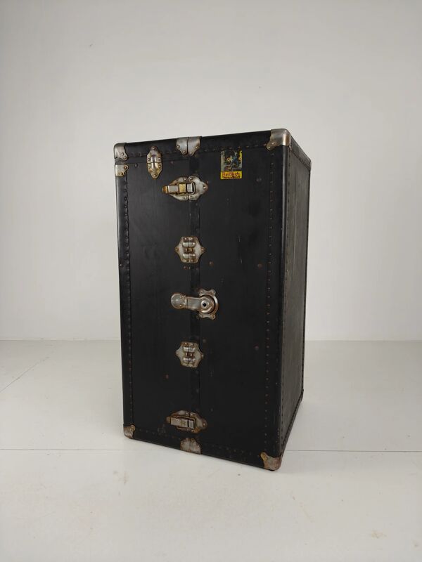 Malle de voyage Belber ancienne de 1924 en cuir noir - grande armoire de voyage