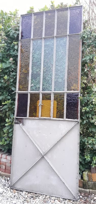Workshop door 258.4x98.5cm in iron and colored cathedral glass