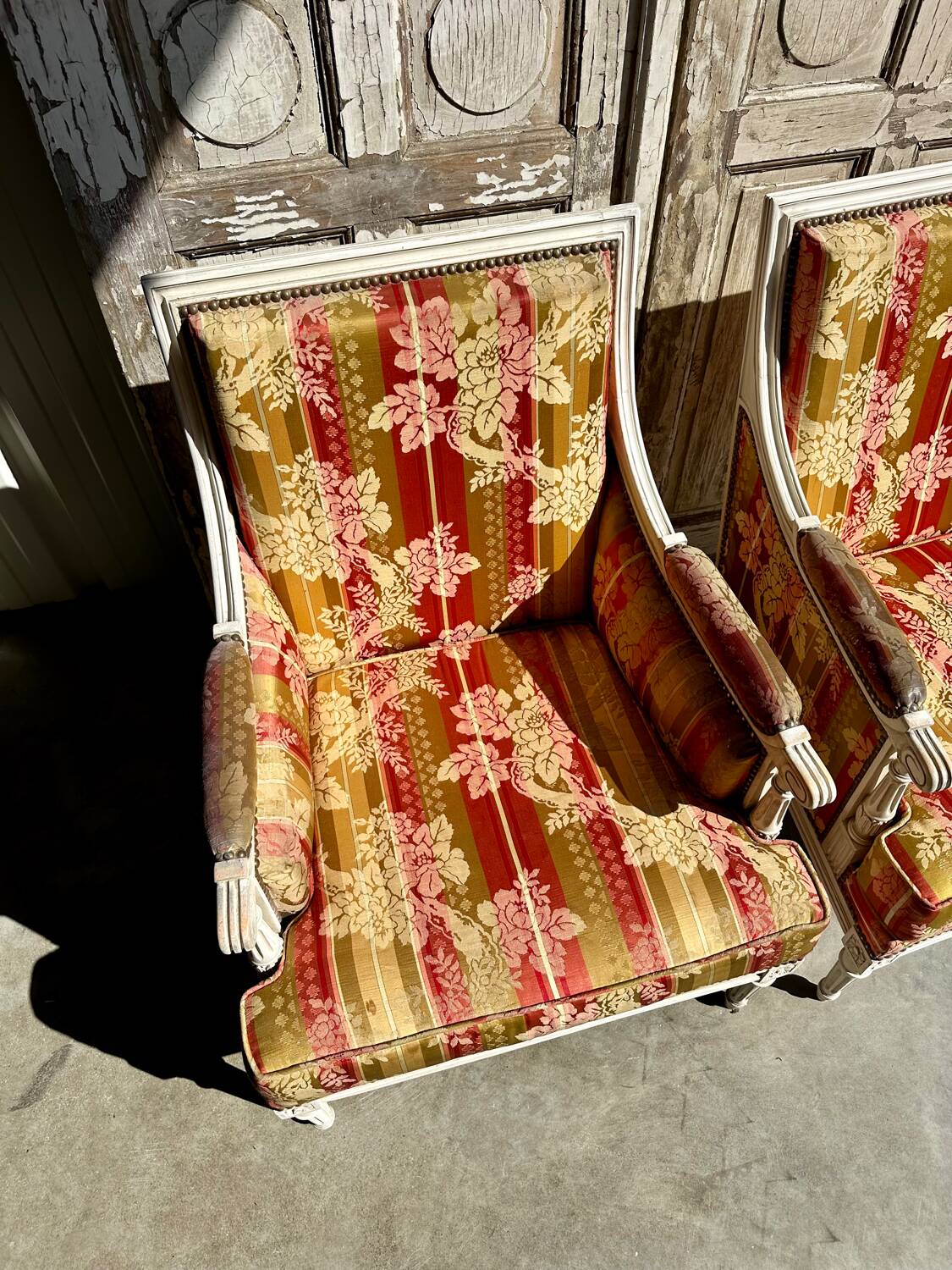 Pair of Louis XVI lacquered bergere chairs circa 1950