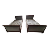 Pair of Louis Philippe boat beds in carved solid wood & green velvet v