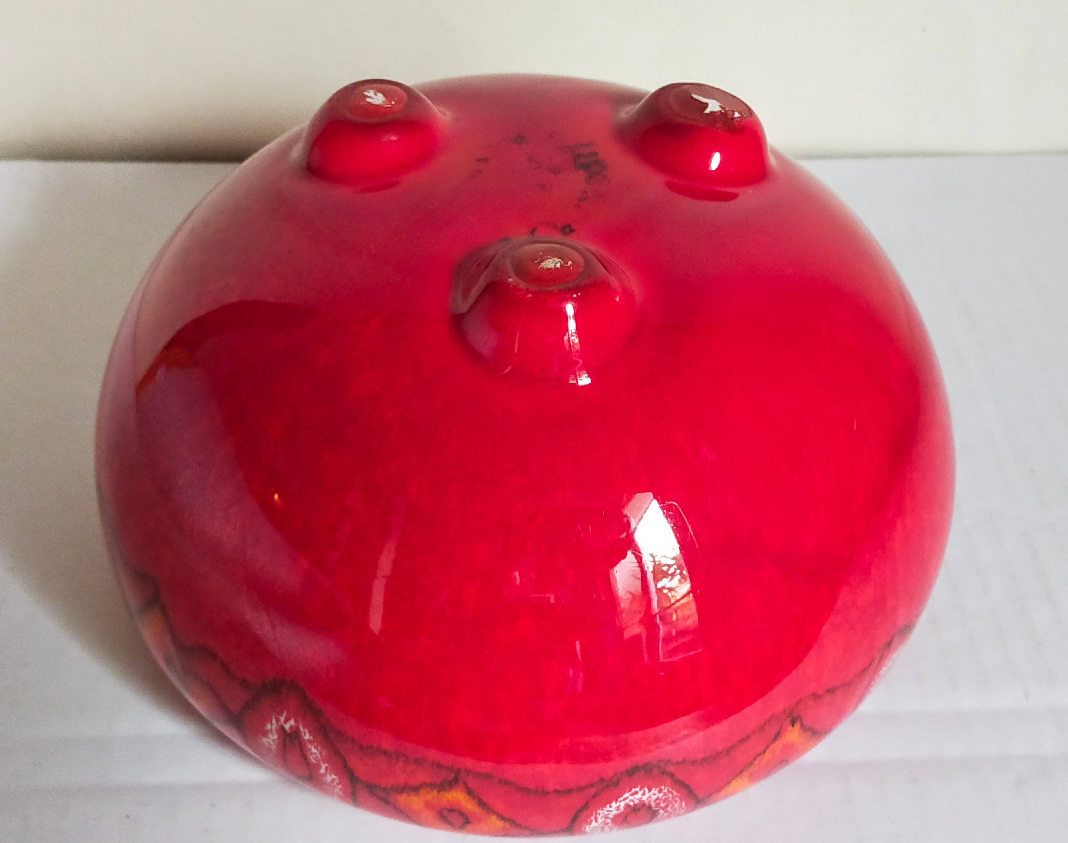 Vintage bright red enamel ceramic tripod vase