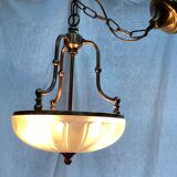 Vintage suspension in gilded brass and pressed glass