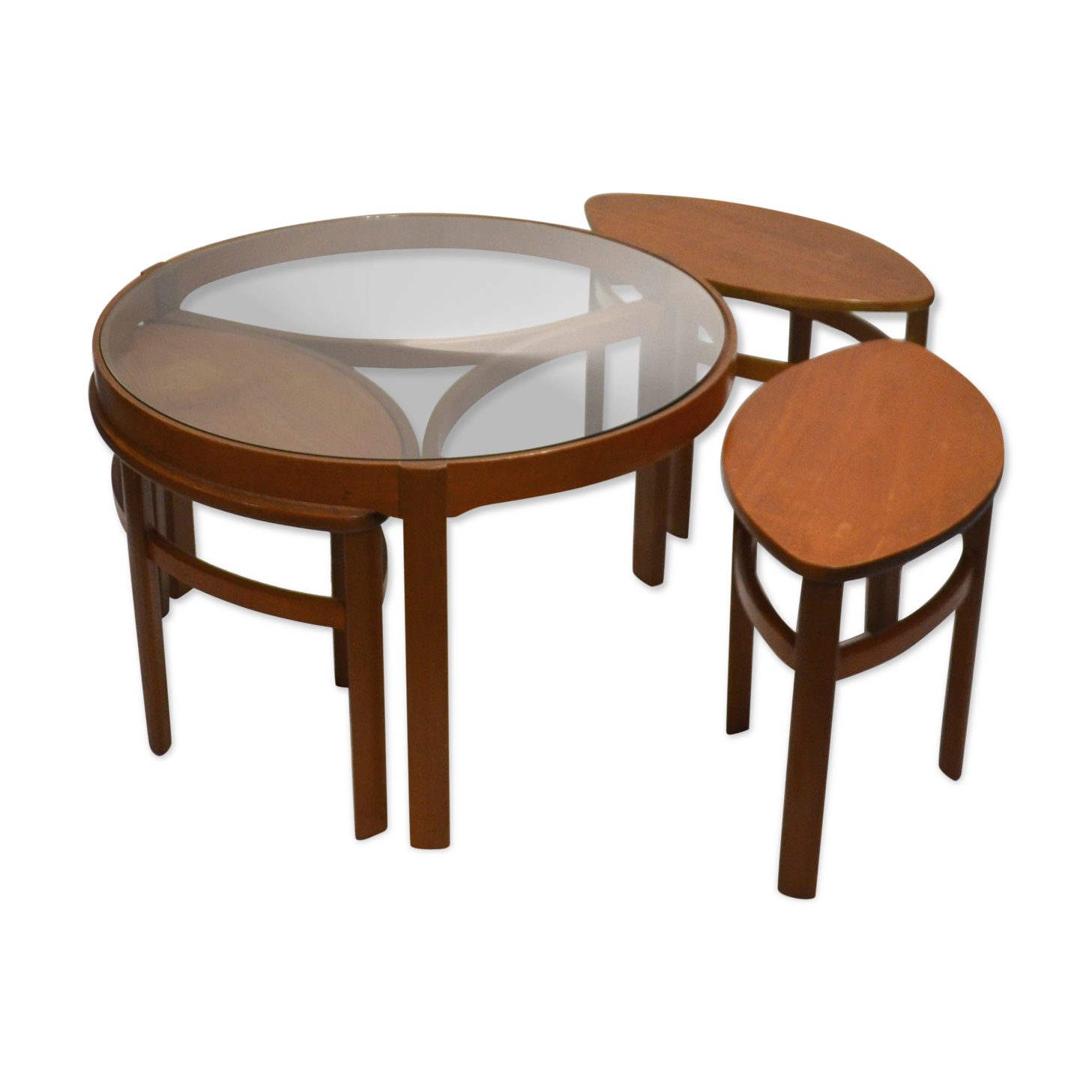 Table basse gigogne scandinave en verre et teck