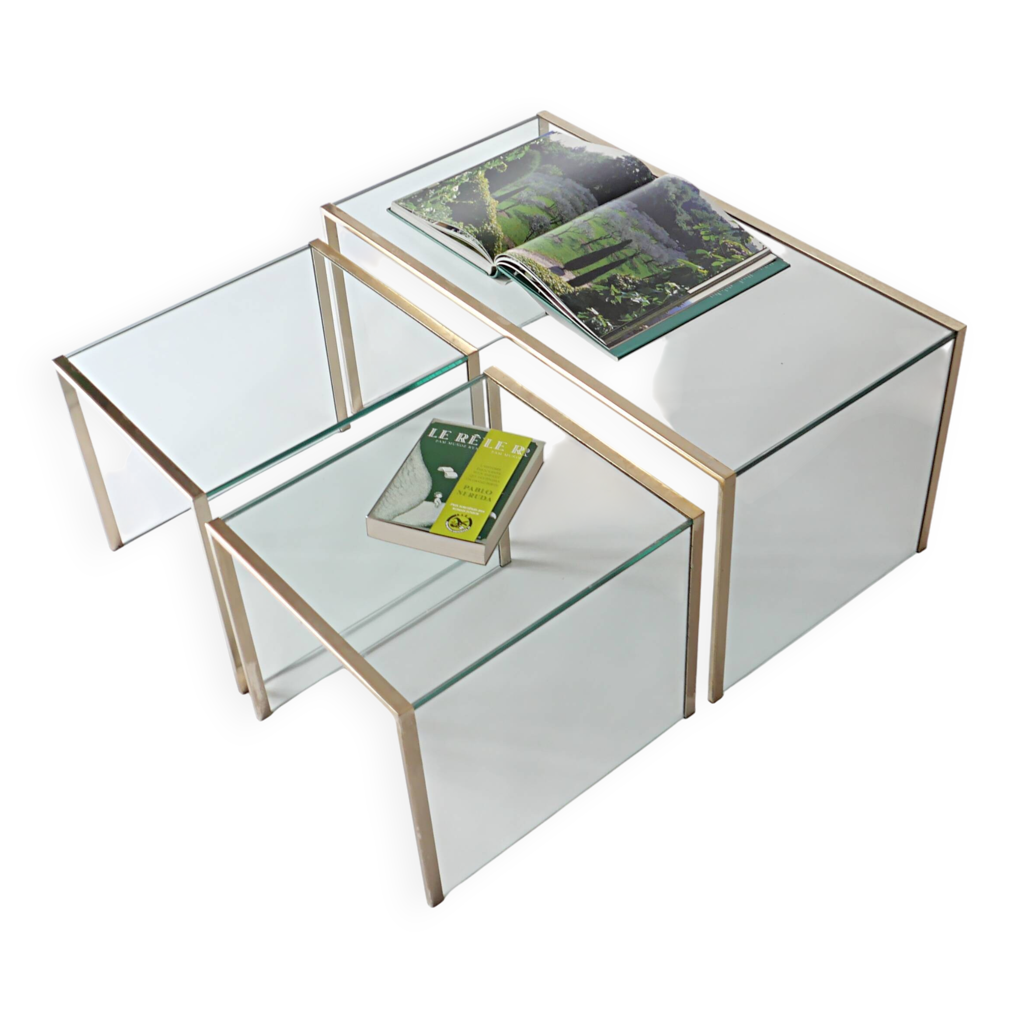 3 nesting coffee tables in glass and gilded metal, 1950-1970