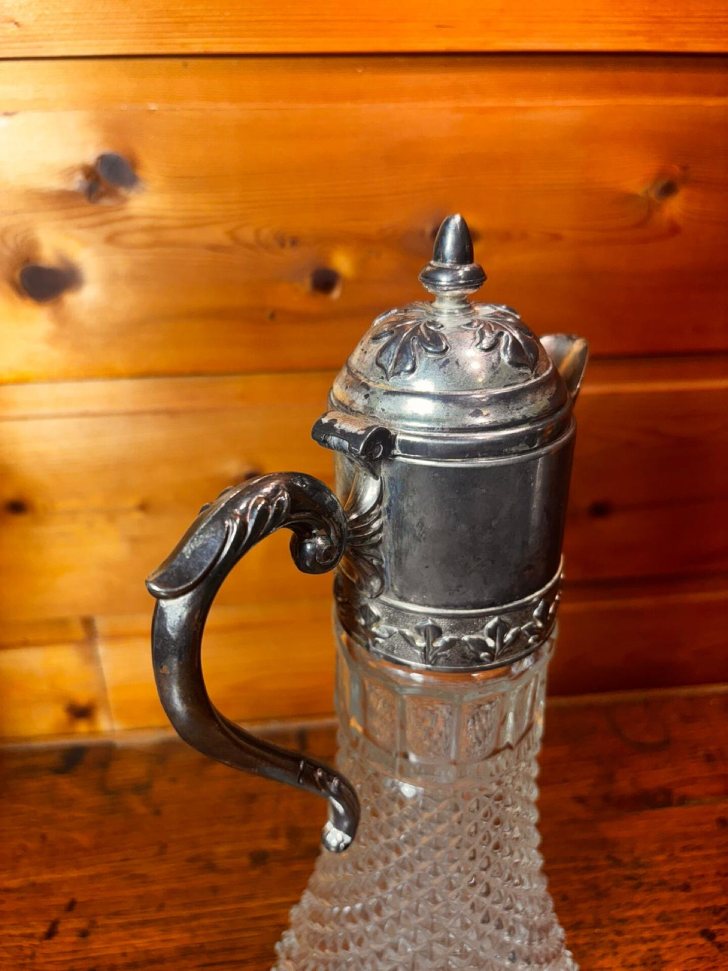 Beautiful moulded glass carafe jug, silver-plated mount, vintage.