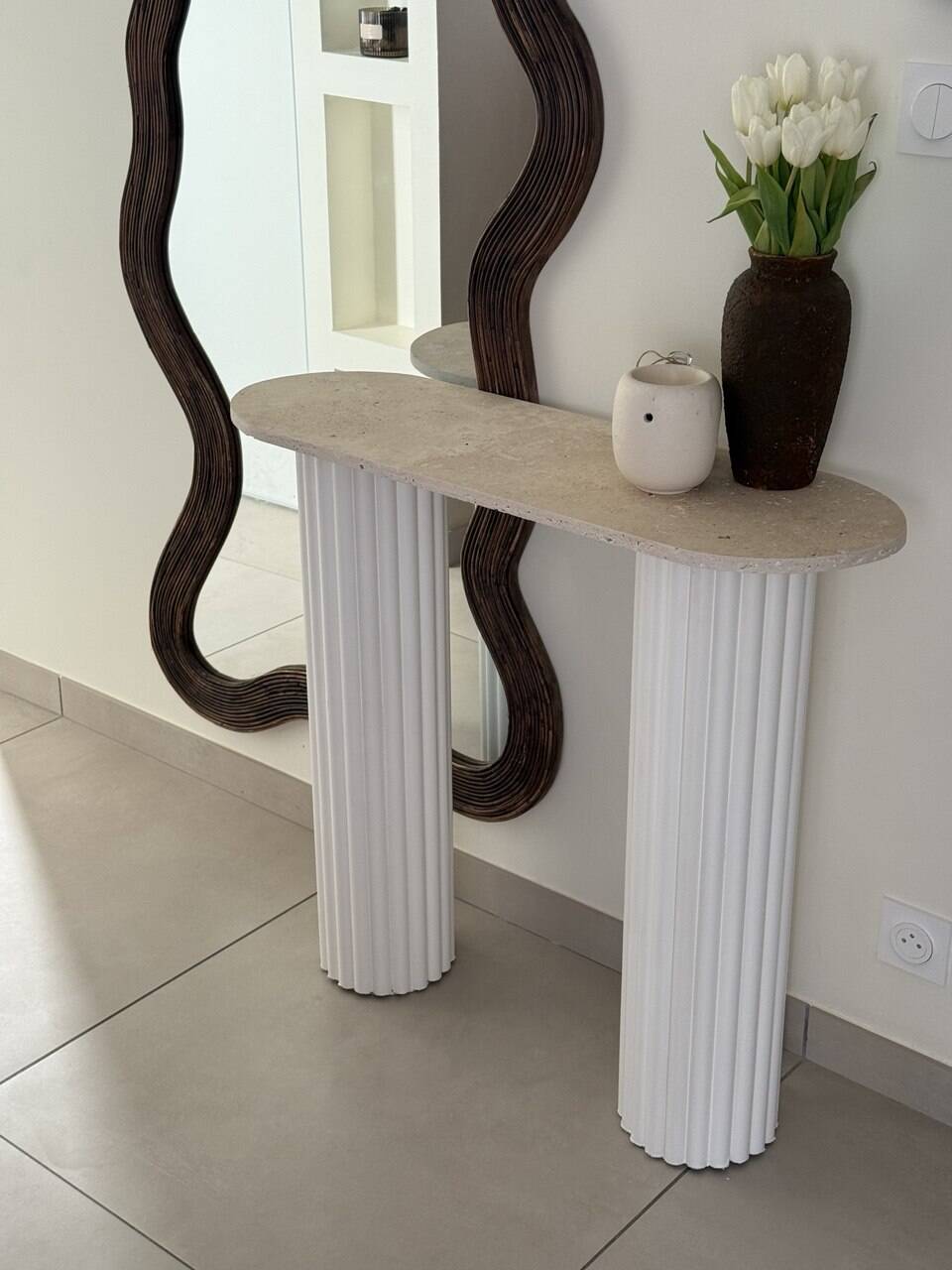 Travertine and wood console | white oak