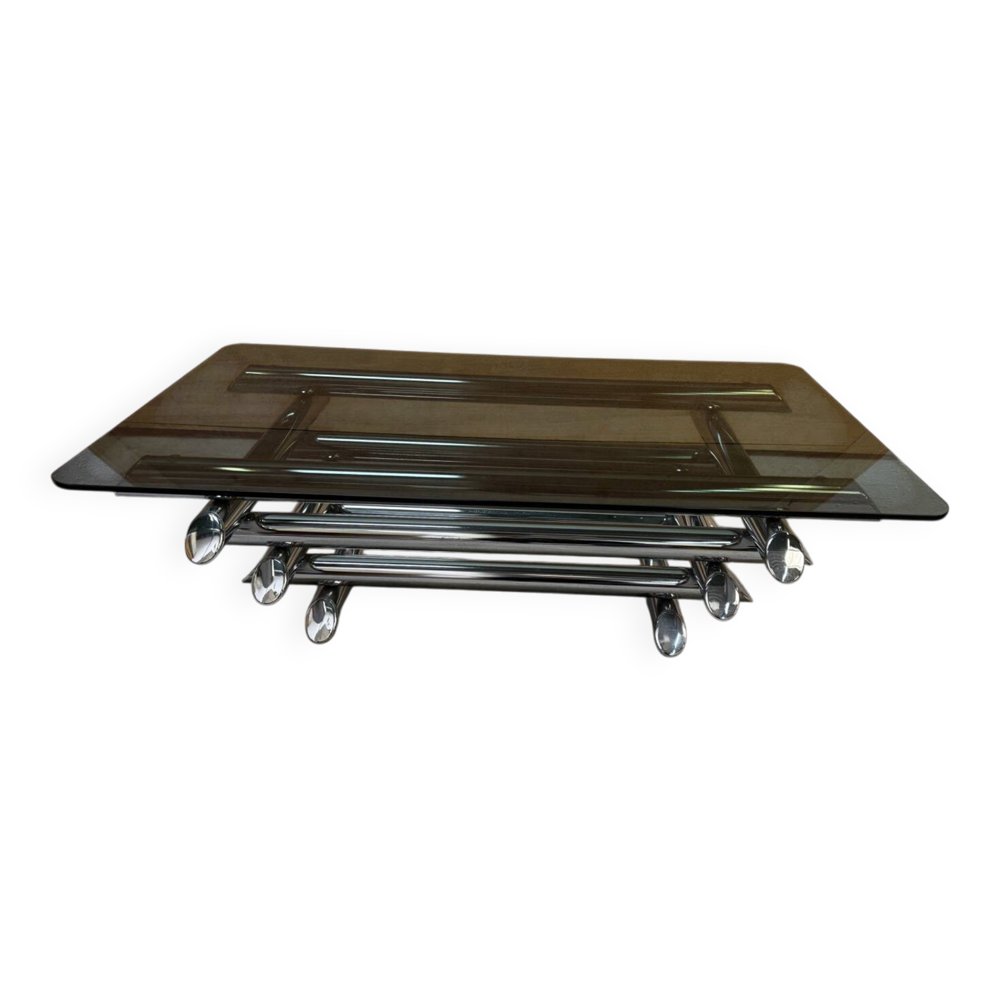Table basse en verre fumé tubes métal chromé dans le goût Willy Rizzo