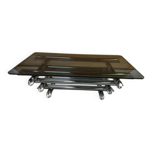 Table basse en verre fumé tubes métal chromé dans le goût Willy Rizzo