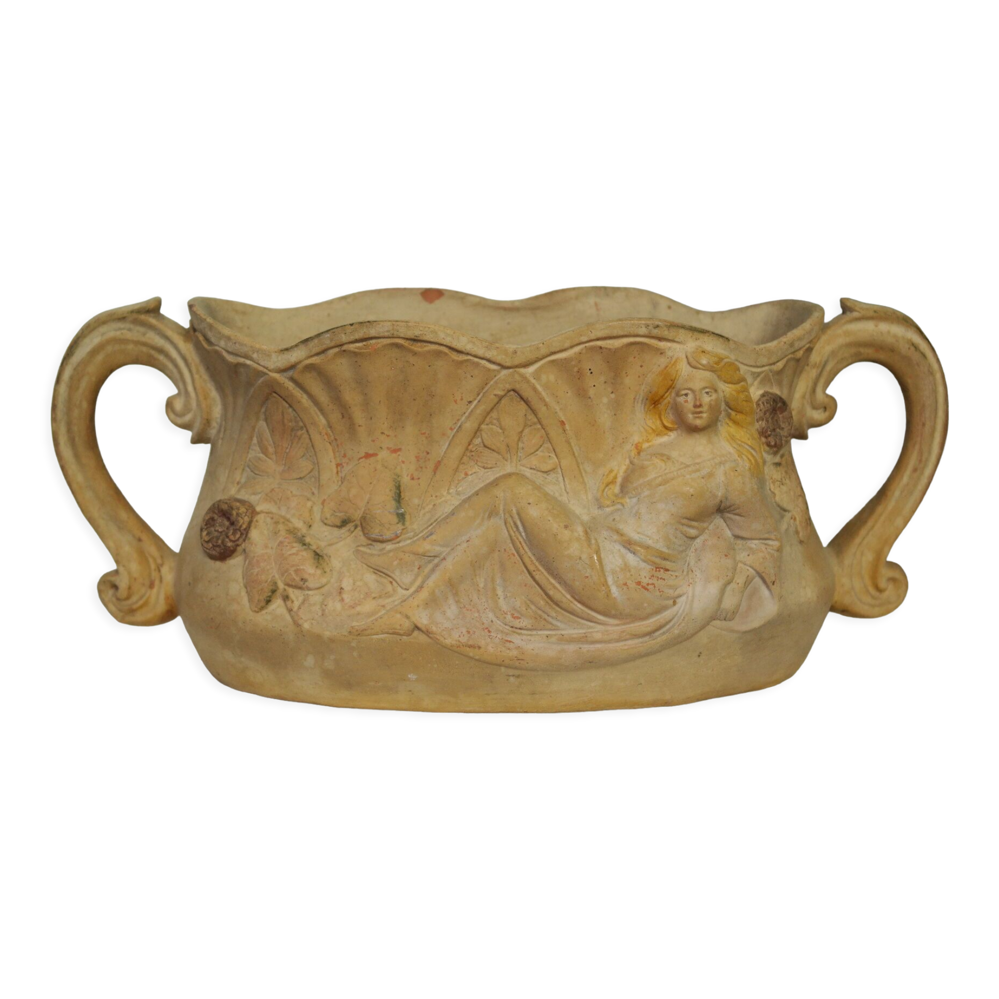 Art Nouveau jardinière with bas-reliefs in terracotta.