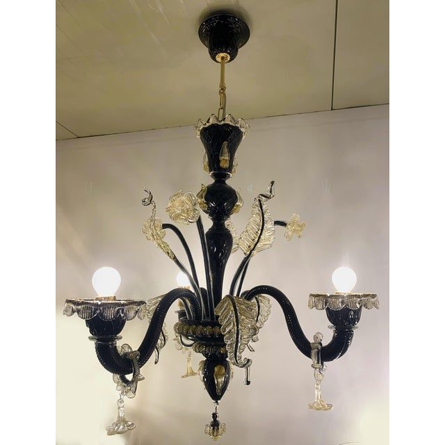 Venetian black and gold murano style glass chandelier with flowers and leaves