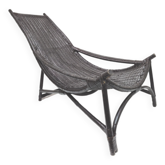 Chaise longue transat vintage en rotin noir