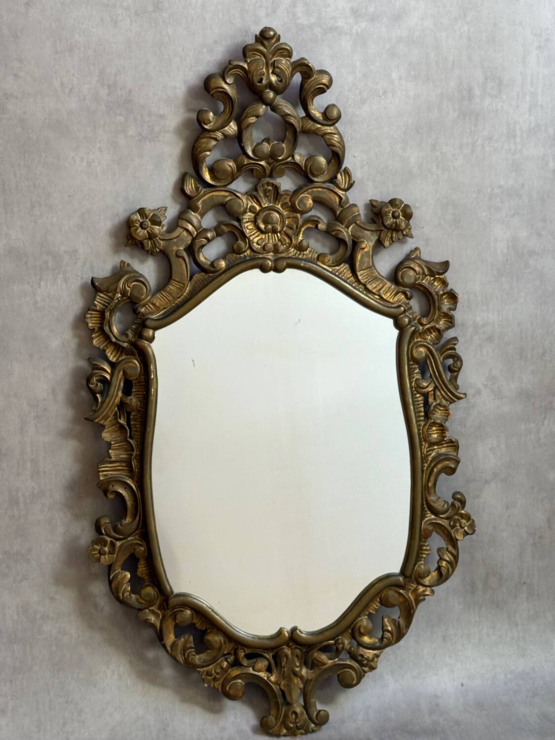 Golden wooden mirror in Baroque style from the 1950s, France.