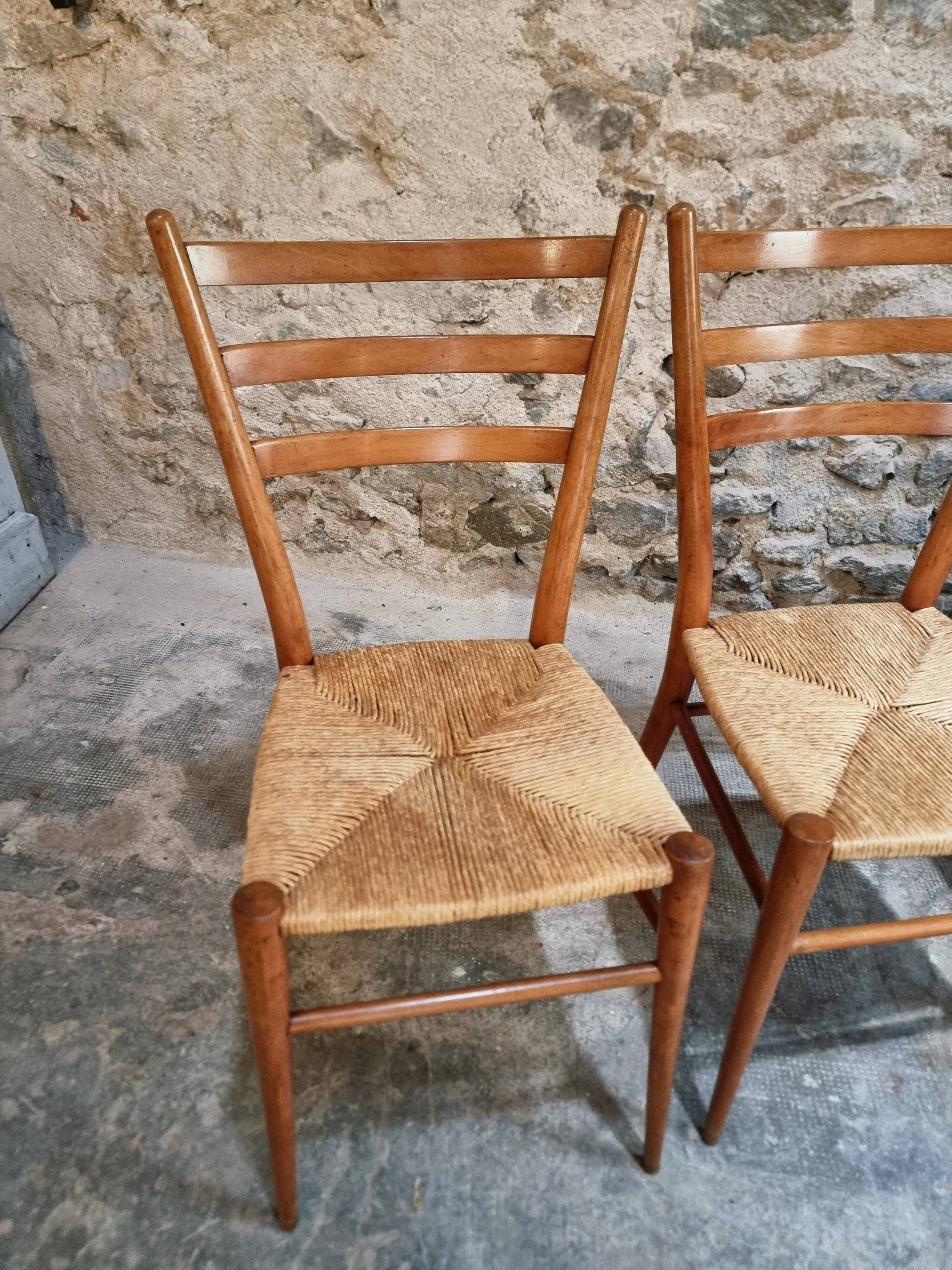 Ensemble de 4 chaises de salle à manger italiennes mid-century avec assises tressées, vers 1950–1970