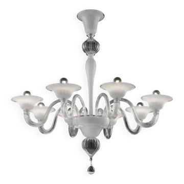 Chaise en verre de Murano contemporain linéaire transparent et blanc avec feuille d'argent.