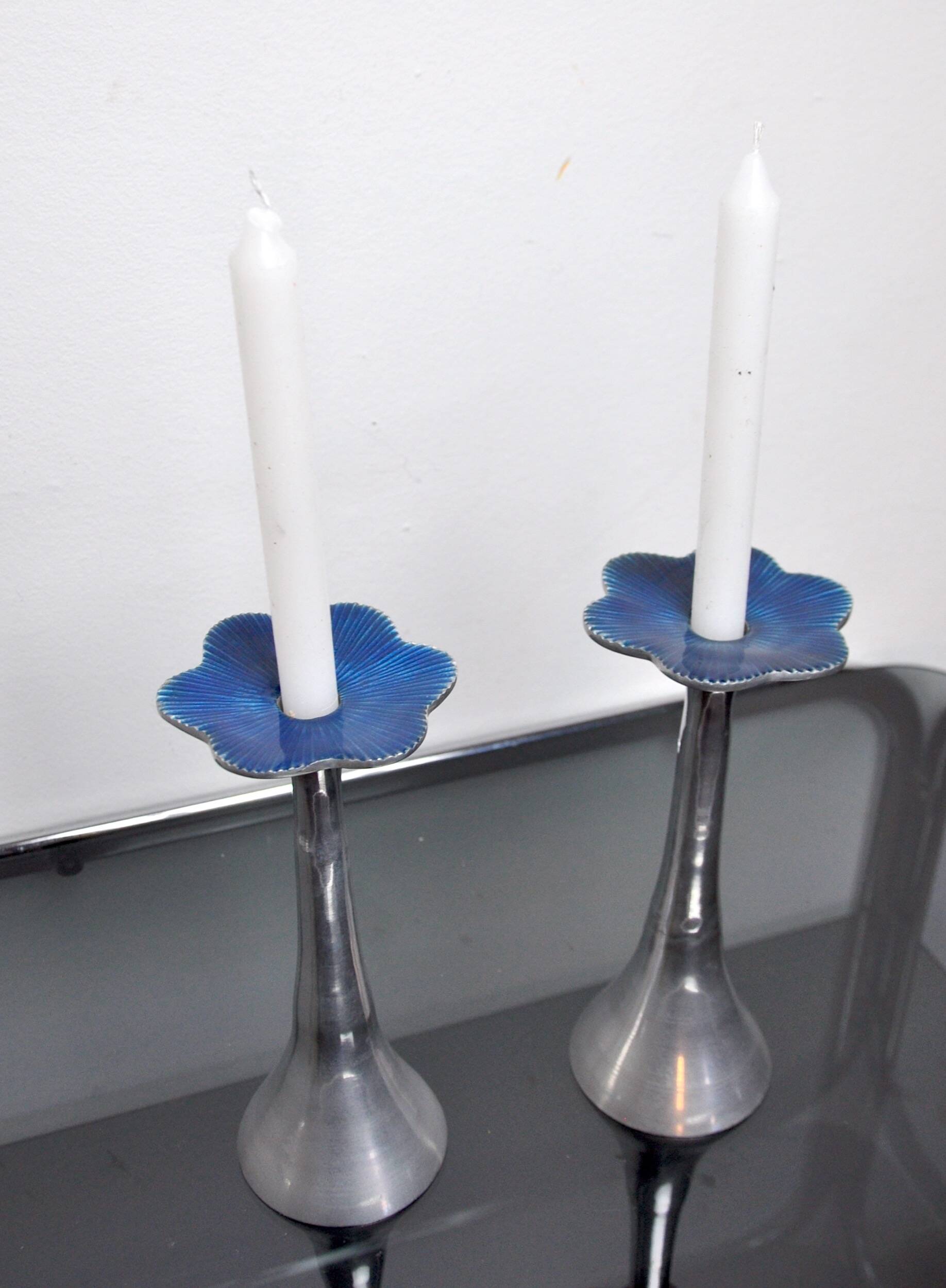 Pair of floral candlesticks by art3, aluminum and blue enameled ceramic, spain, 1980