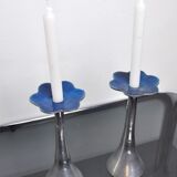 Pair of floral candlesticks by art3, aluminum and blue enameled ceramic, spain, 1980