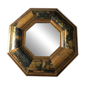 Vintage octagonal mirror in gold and blue wood to hang on the wall 25x25 cm