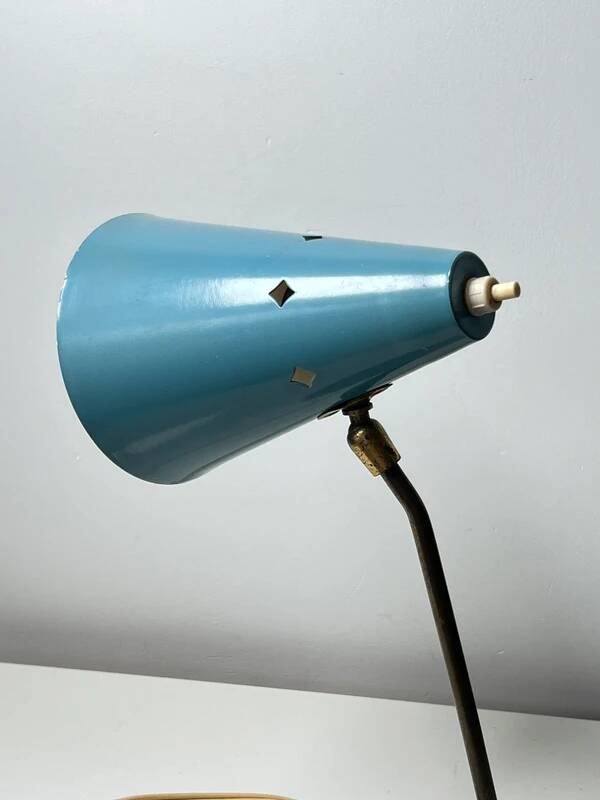 Vintage baby blue desk lamp – metal and brass, 50s-60s