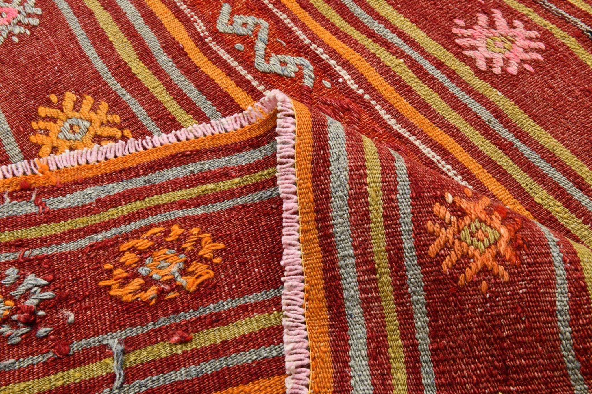 4x7 Red Orange Striped Handmade Wool Kilim Rug