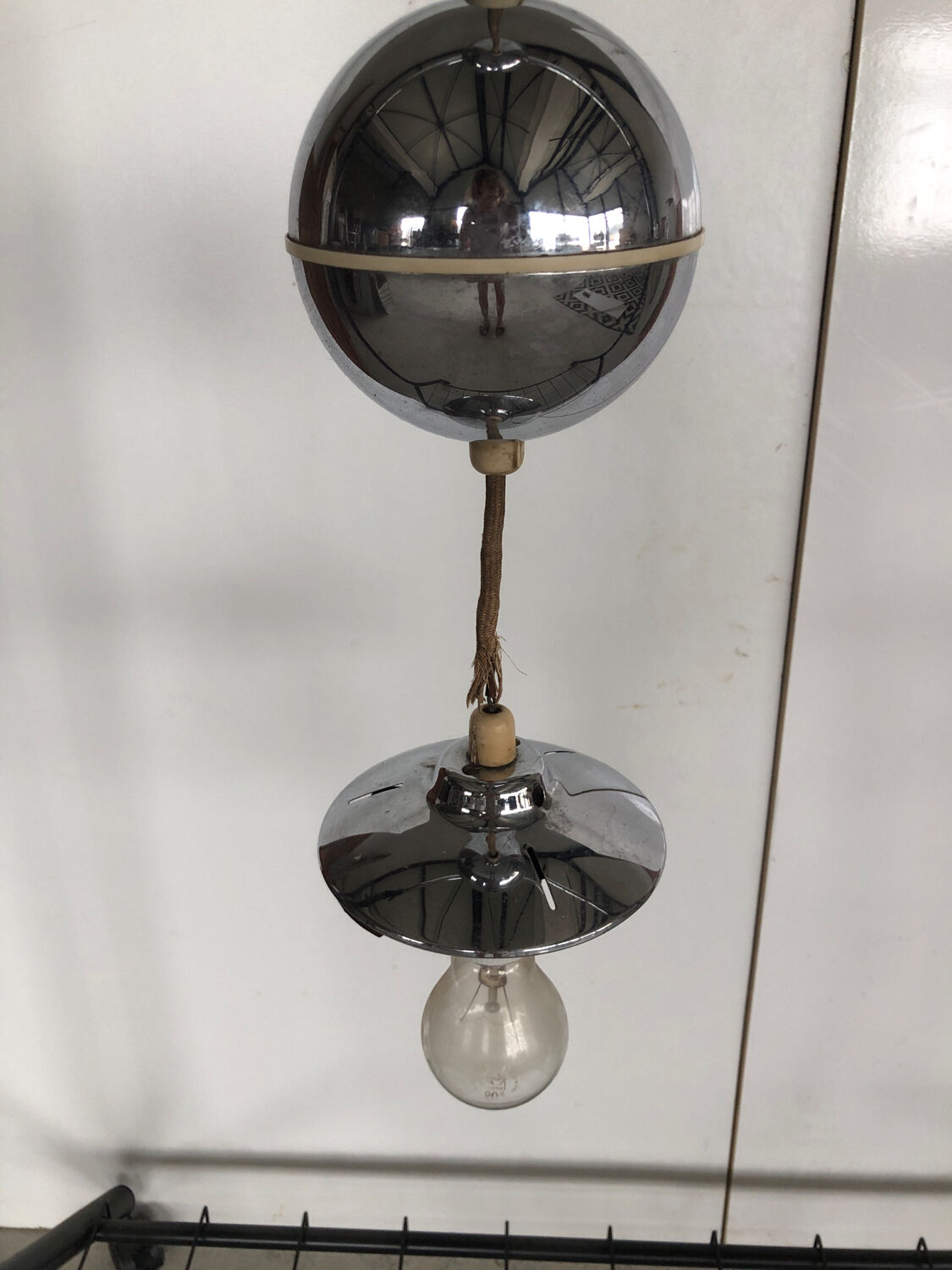 Vintage sphere pendant light in silver metal from the 70s