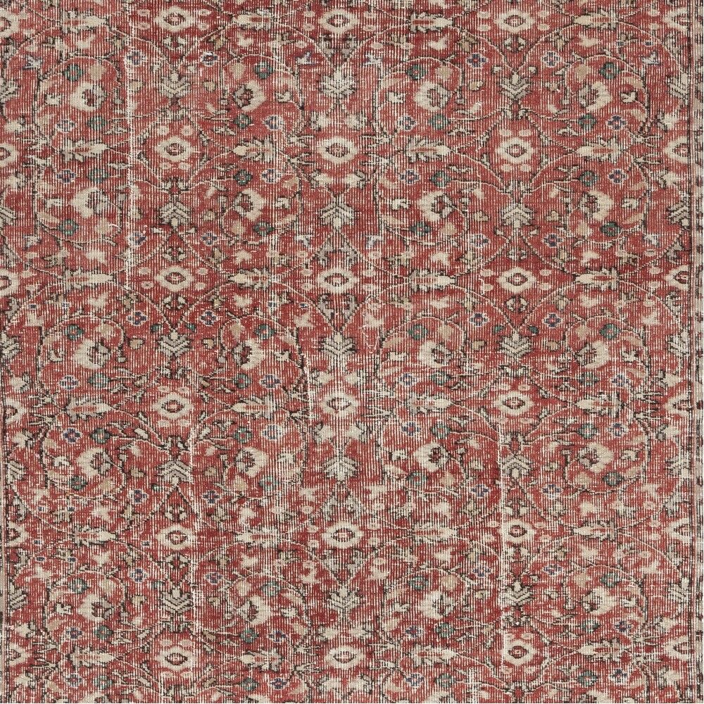 Vintage Handmade Turkish Red Wool Area Rug with Floral Design for Home and Office Decor