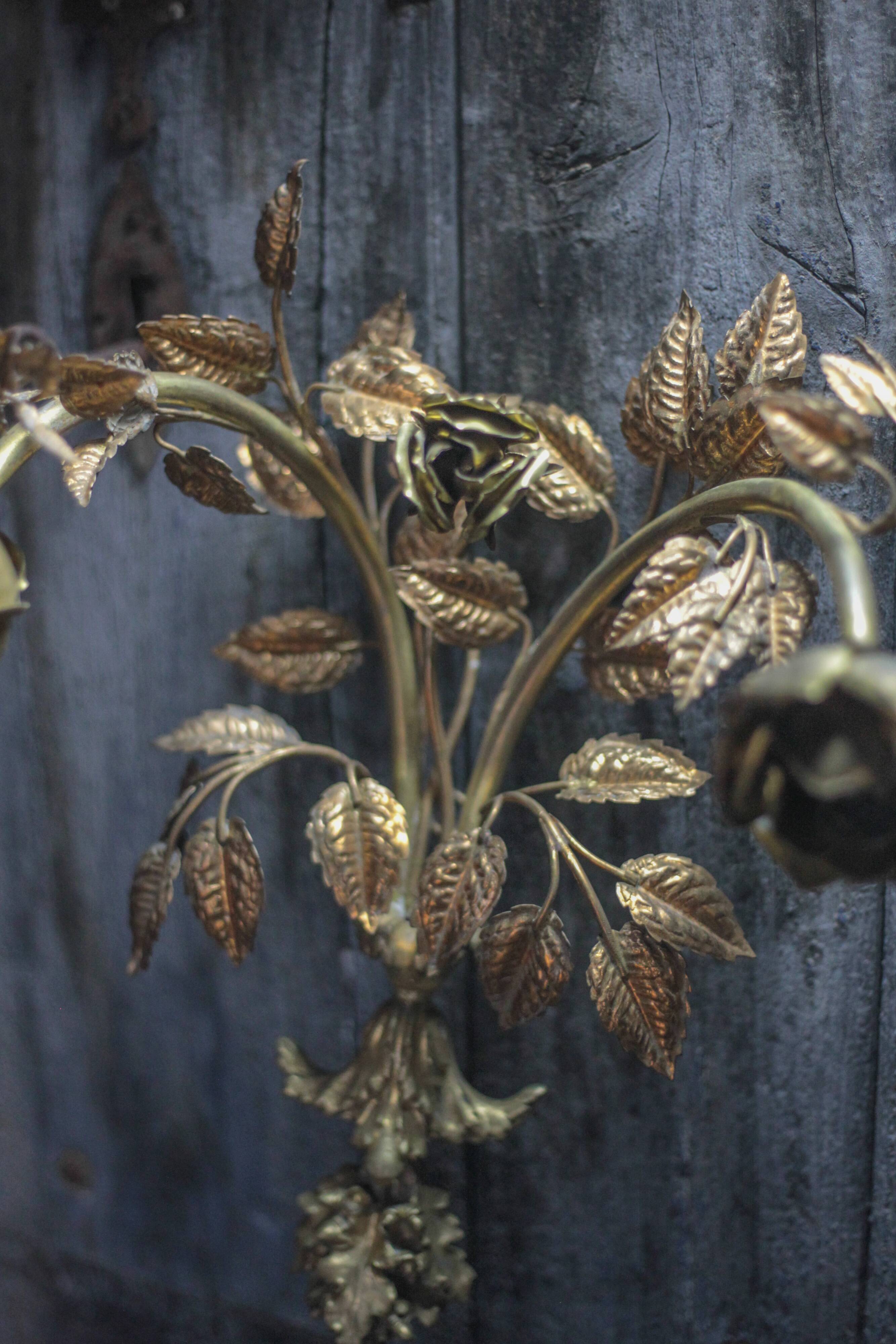 Pair of bronze and gold metal floral wall sconces, flower wall lamp.