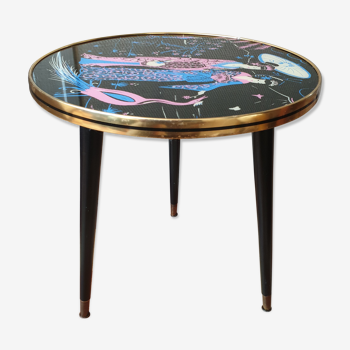 Table basse ronde vintage années 1950 en formica tripode, décor asiatique