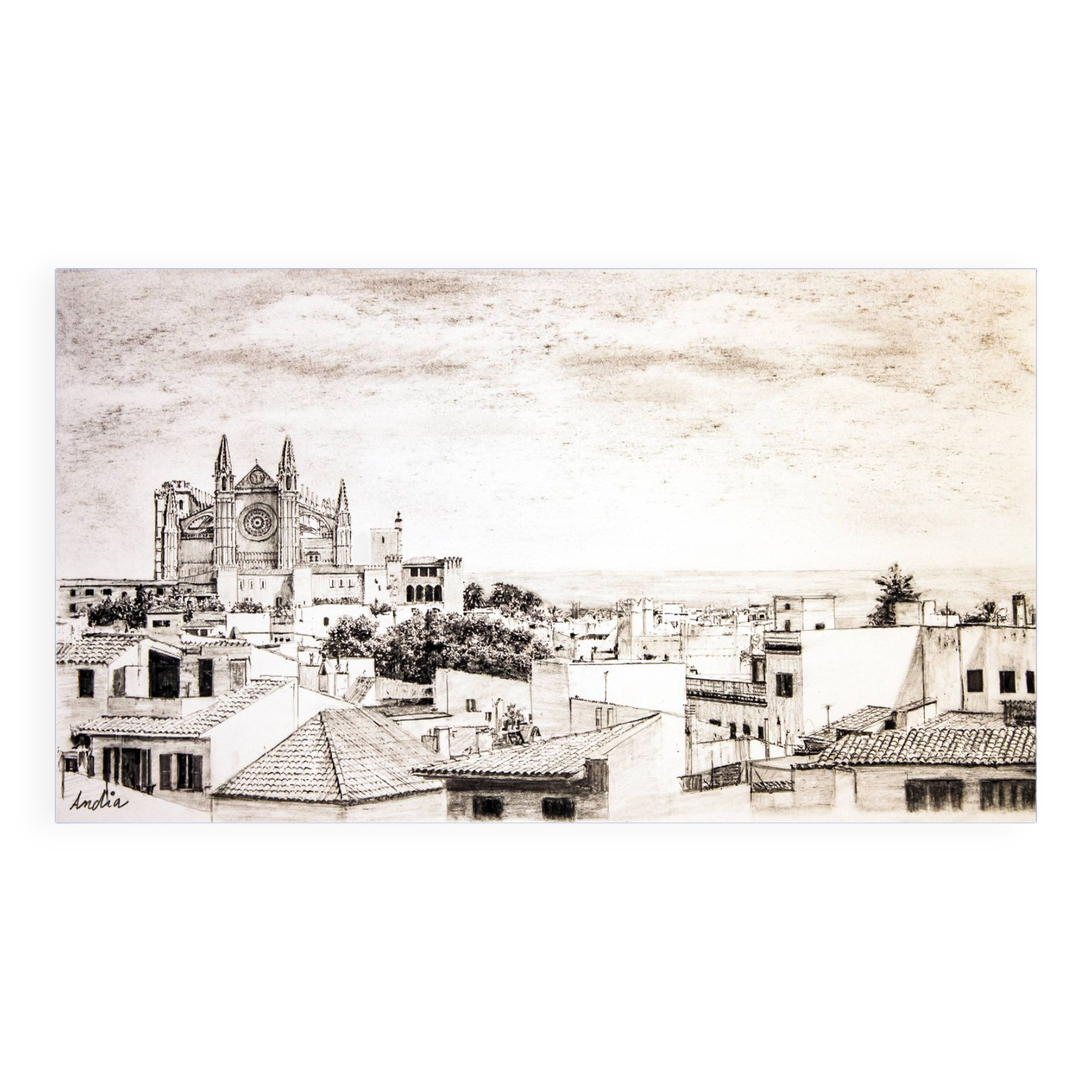 Description of a panoramic view of Mallorca. mallorca drawing. cuadro mallorca.