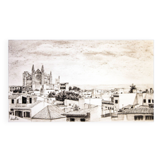 Description of a panoramic view of Mallorca. mallorca drawing. cuadro mallorca.