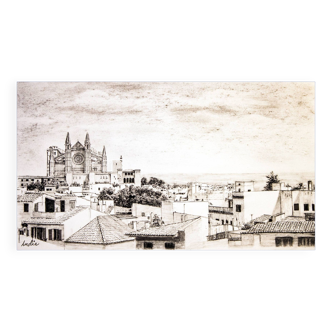 Dibujo de una vista panorámica de mallorca. mallorca dibujo. cuadro mallorca.