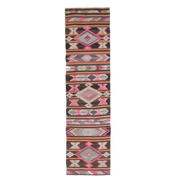 Vintage Turkish Oushak Handmade Wool Cotton Pink Kilim Runner  81x327