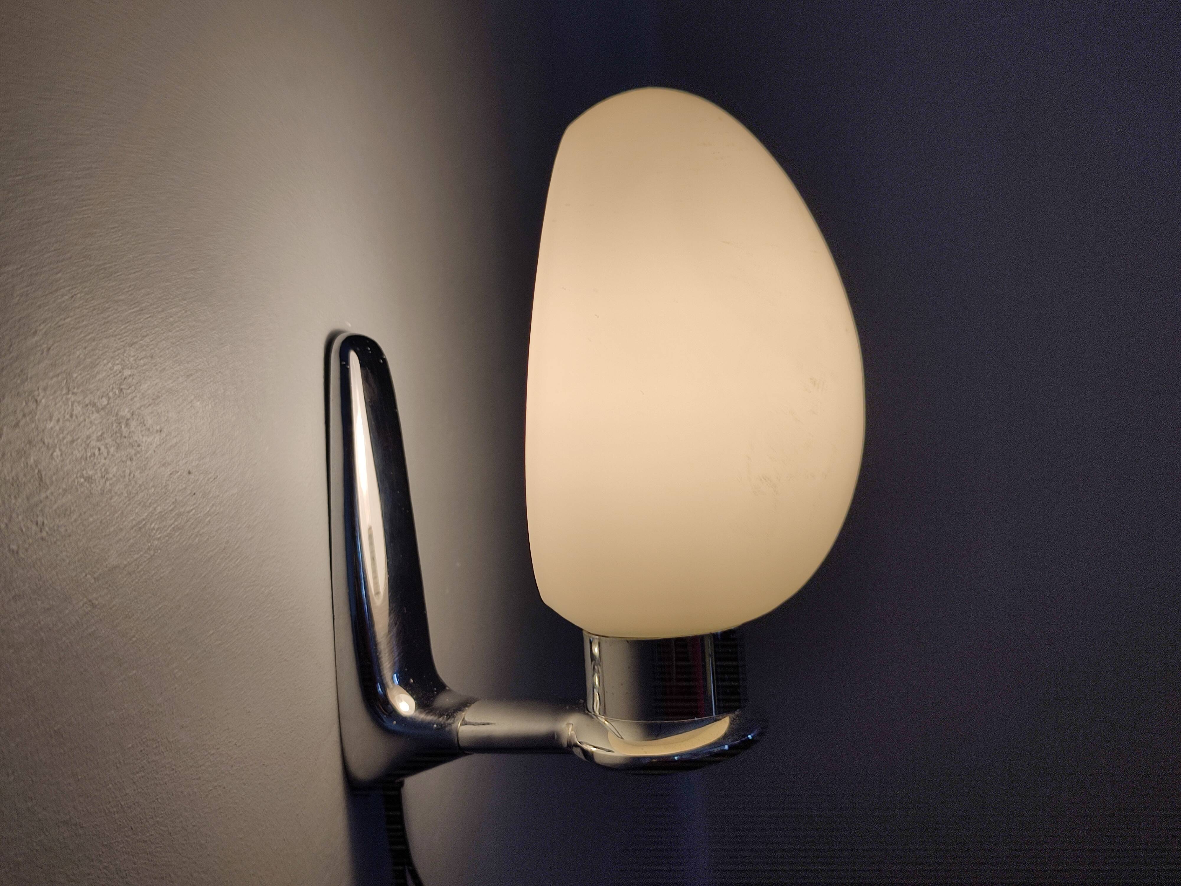 Pair of ouefs sconces in opaline and vintage chromed metal