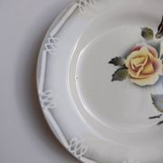 3 Digoin Sarreguemines Adèle plates in grey, yellow, and burgundy.