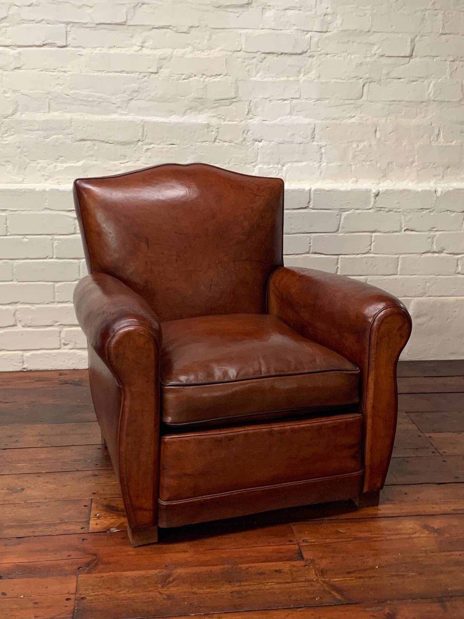 Antique French Leather Club Chair, Moustache Model, Circa 1930’s