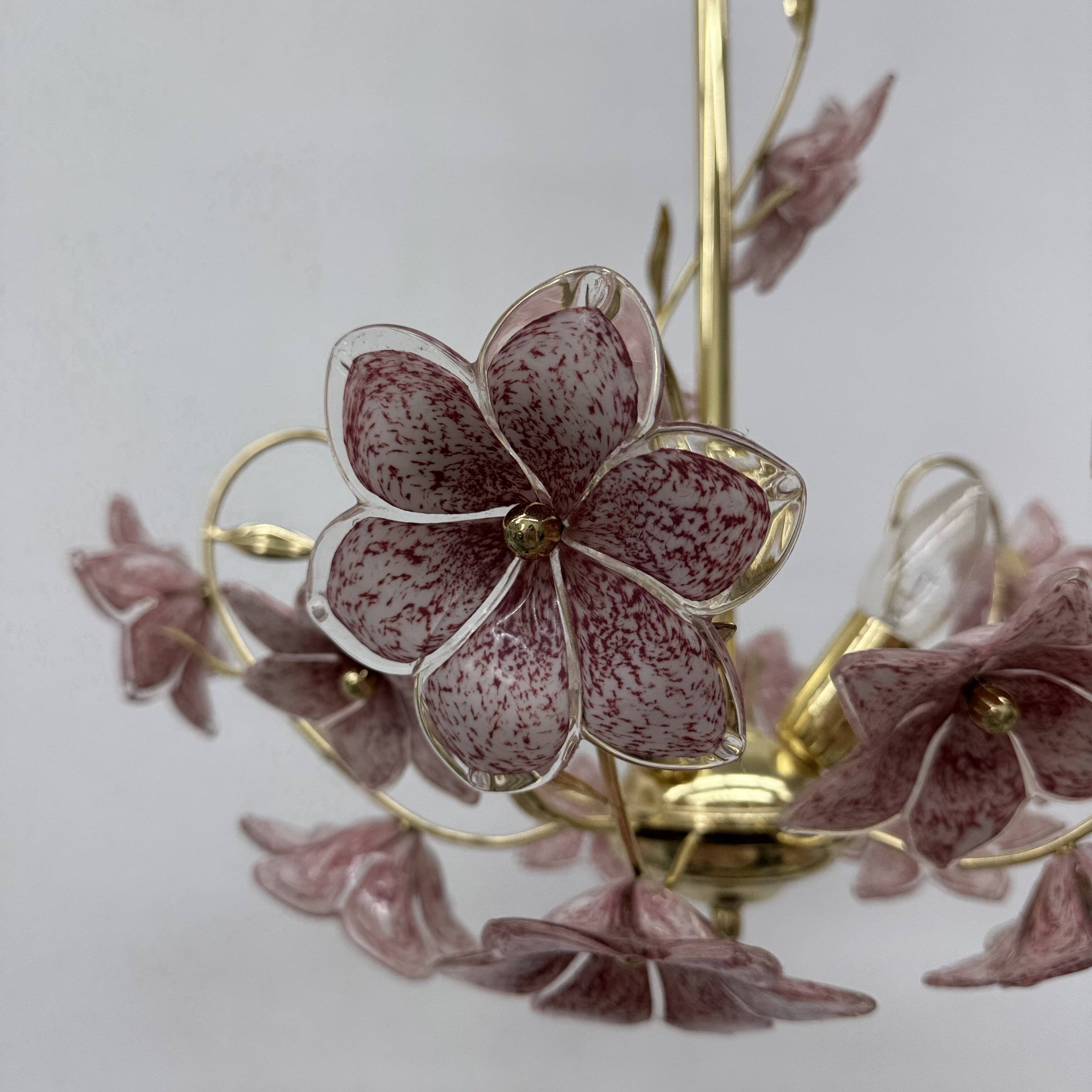 Chandelier with mourn glass pink flowers , 1970s