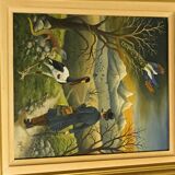 Tableau d'un personnage en chemin vers les montagnes accompagné d'animaux exotiques