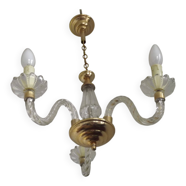 Lustre à 3 lumières en métal doré et bras de verre torsadé French Barley 5230 — Beyit