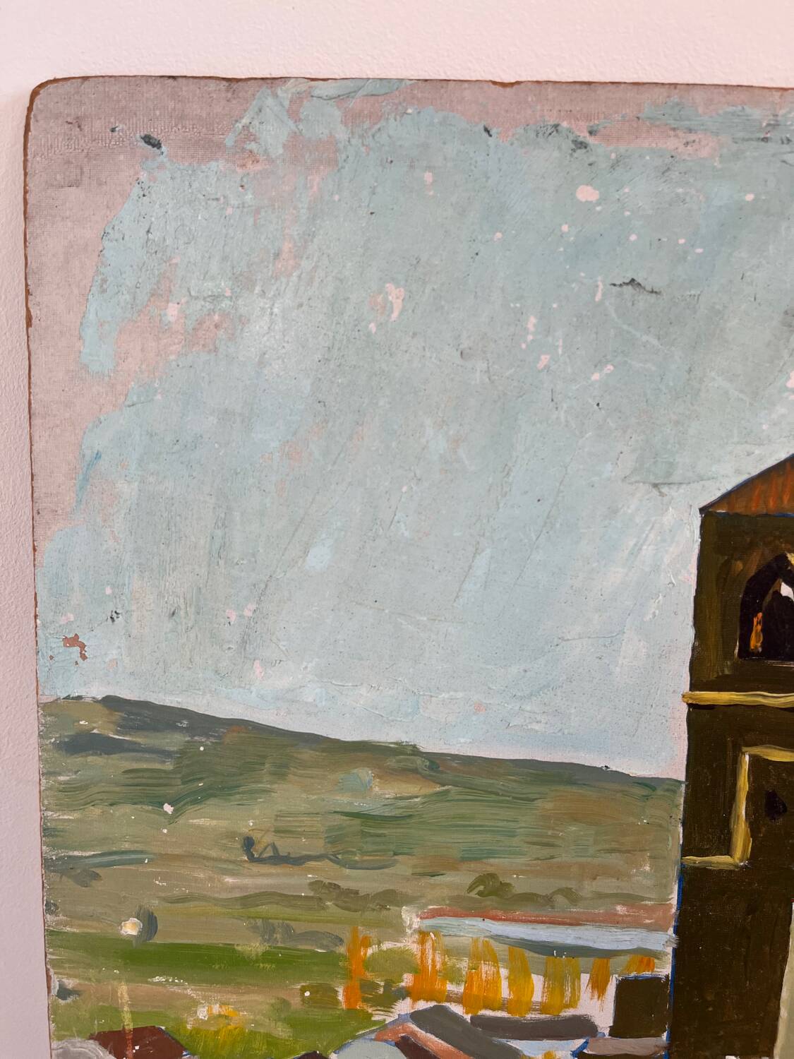 Castle in the rooftops, oil on wood panel, signed JA Dompierre.