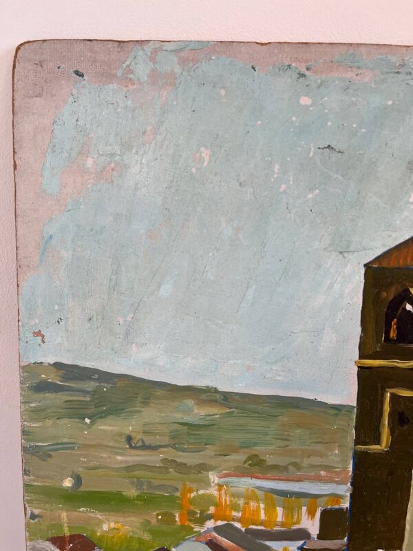 Château dans les toits, huile sur panneau de bois, signé JA Dompierre