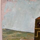 Castle in the rooftops, oil on wood panel, signed JA Dompierre.