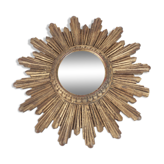 Miroir soleil vintage en résine dorée 1950 - 26x26cm
