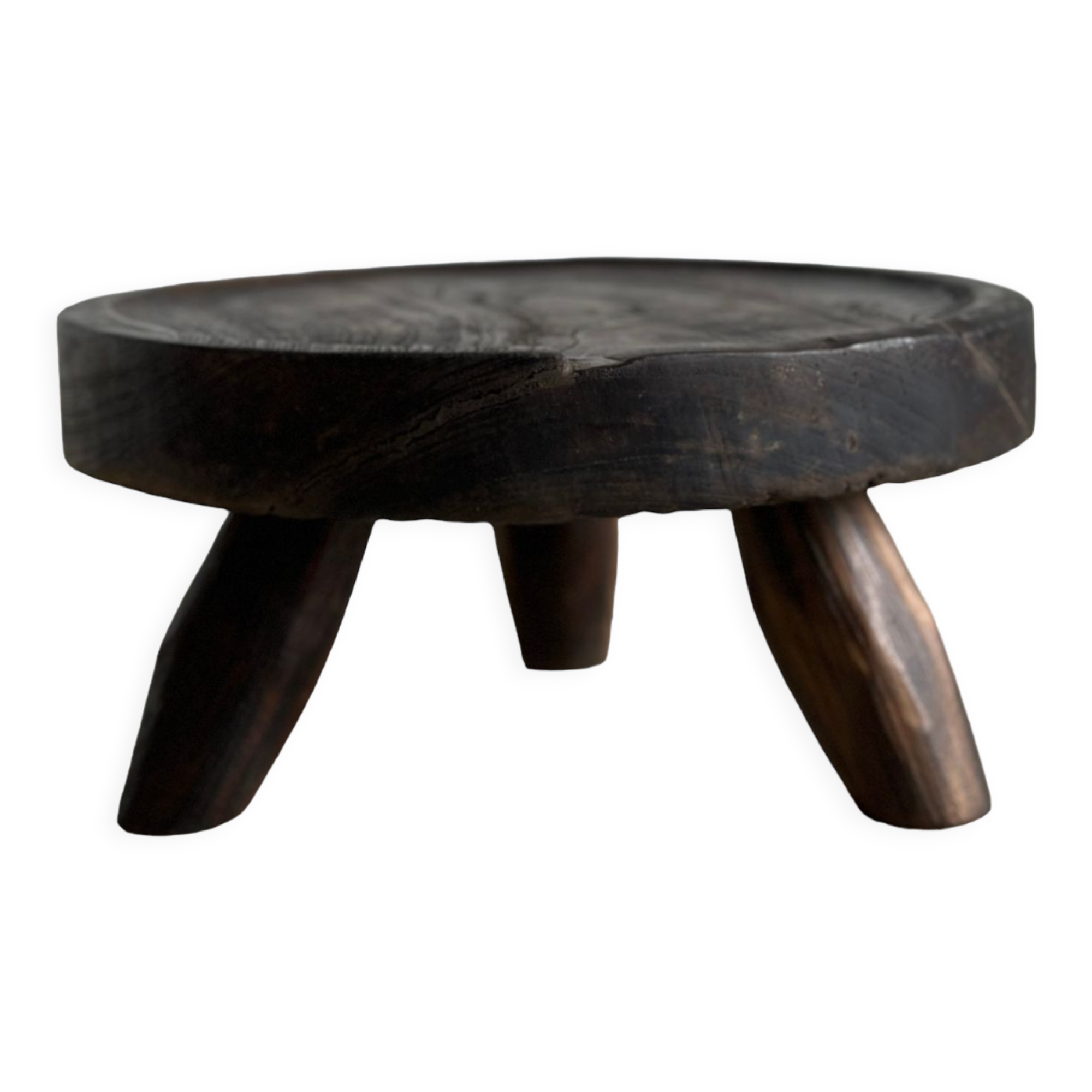 Small tripod stool low in dark brown upcycled teak