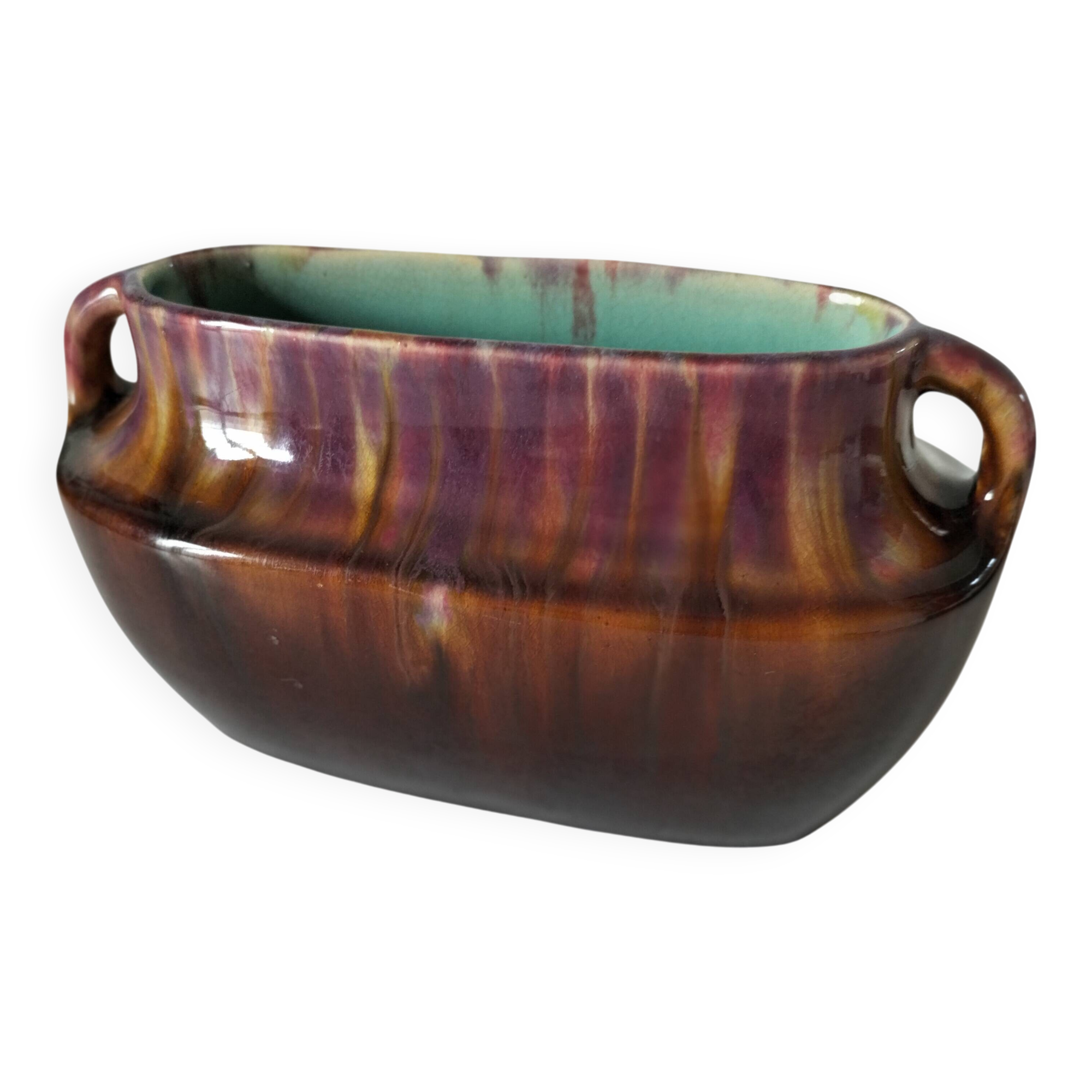 Oval ceramic vase with handles, glazed, 20th century.