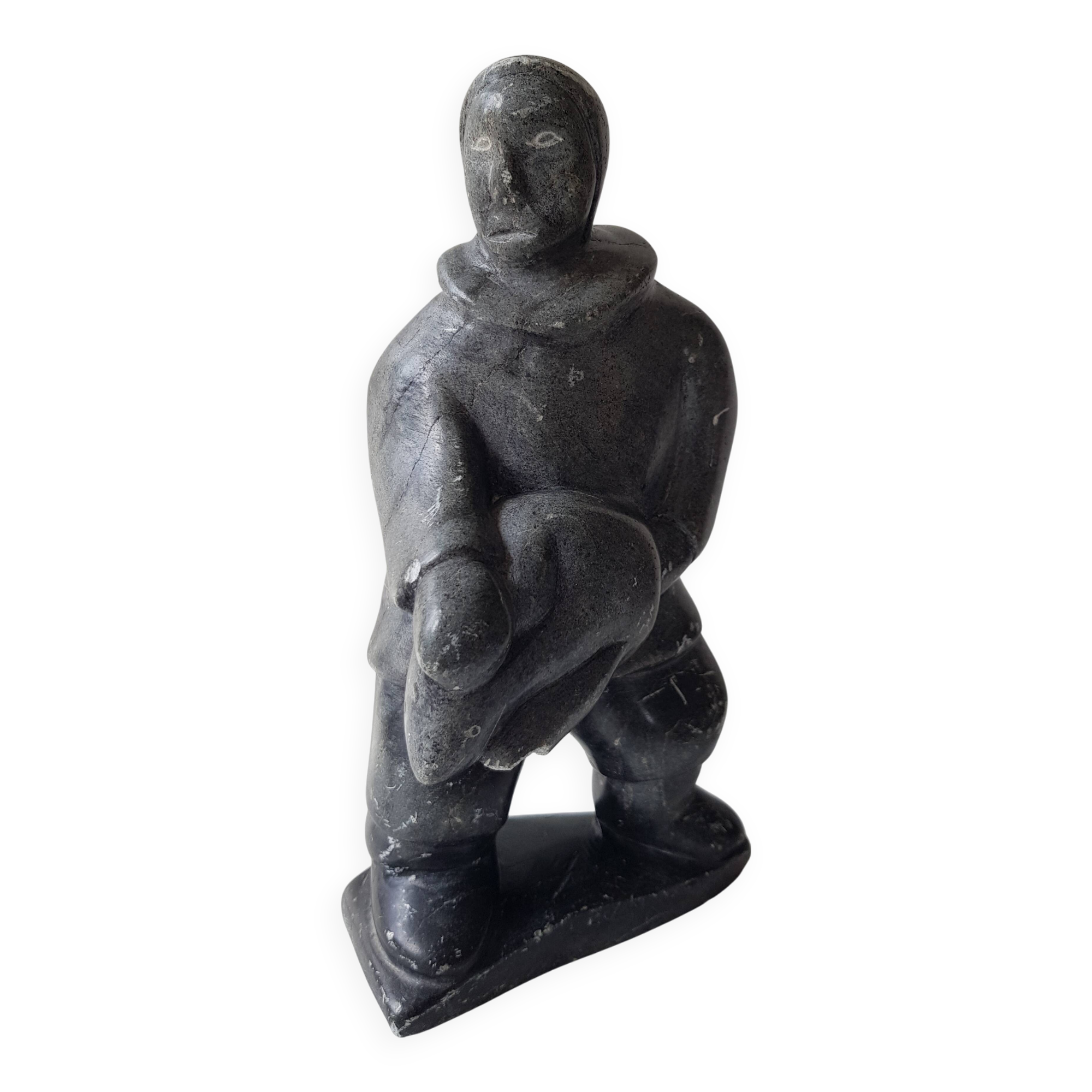Inuit Art Soapstone Sculpture Eskimo Hunter/Fisherman Signed. 1960s