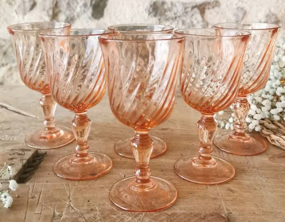 6 Vintage pink stemmed glasses, Rosaline Luminarc