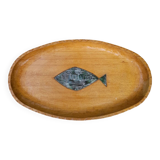 Large tray inlaid with a ceramic fish, 50s