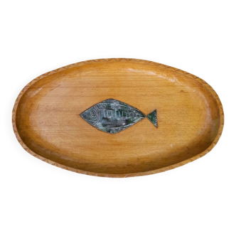 Large tray inlaid with a ceramic fish, 50s