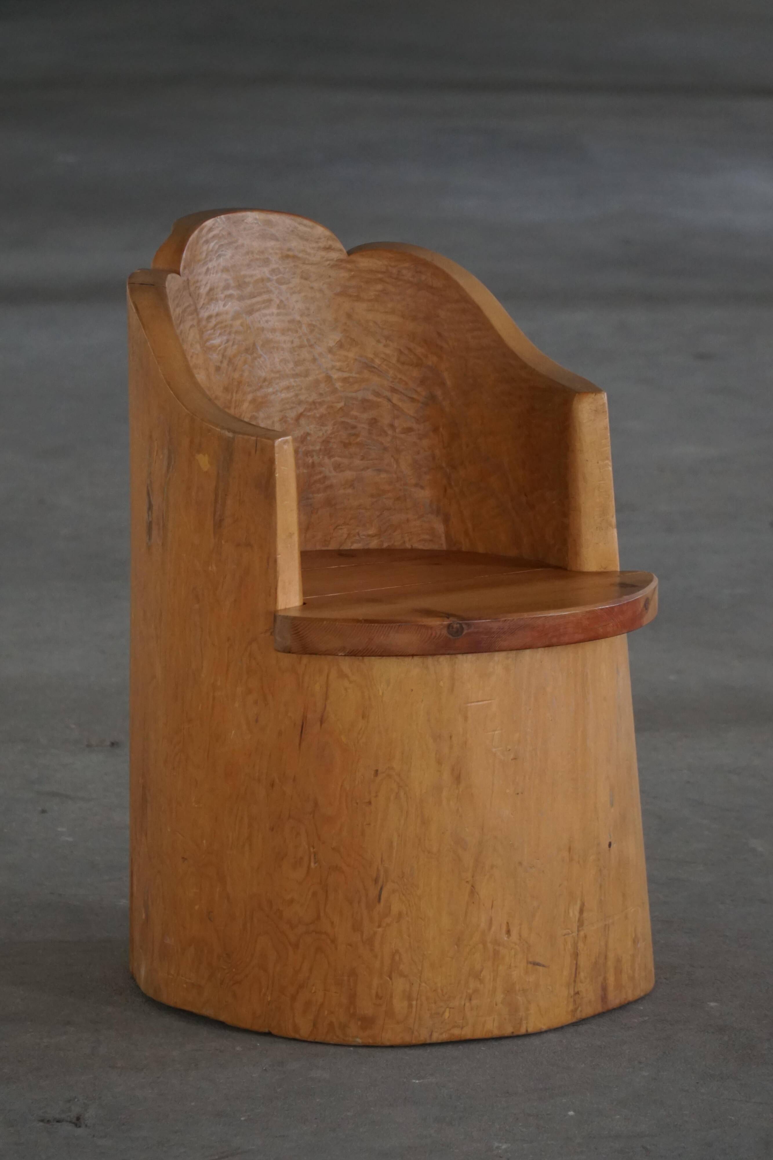 Fauteuil Stump Moderne en Pin Massif, par un Ébéniste Suédois, Wabi Sabi, années 1960