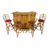 Tiki style rattan cocktail bar with 4 bar stools 1960’s
