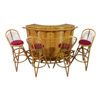 Tiki style rattan cocktail bar with 4 bar stools 1960’s